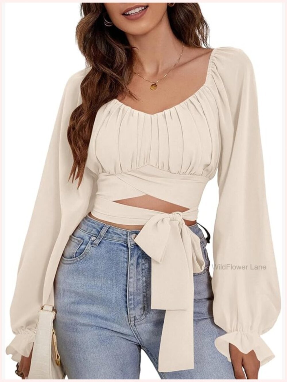 Ruched Wrap Square Neck Flounce Long Sleeve Crop Top Blouse